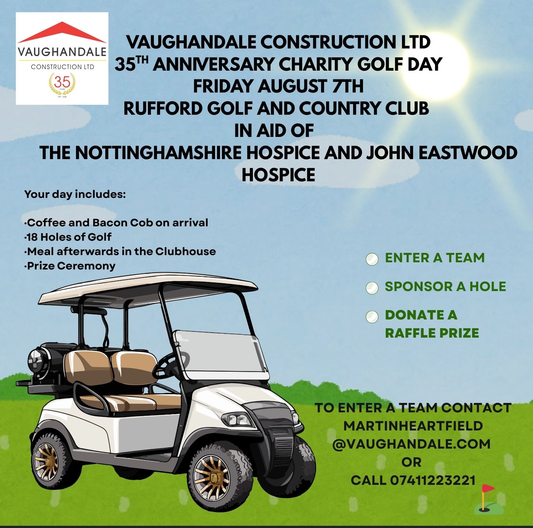 As part of our charity events programme for our 35th Anniversary, we are thrilled to announce our first ever Charity Golf Day in aid of our Charities for 2026 NOTTINGHAMSHIRE HOSPICE LIMITED(THE) and JohnEastwoodHospice Hospice at the Rufford Park Golf and Country Club.
